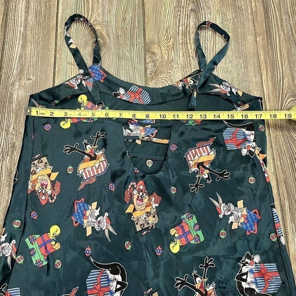 LOONEY Tunes Christmas Nightgown Vintage Medium Slip Chemise Pajamas Green - Picture 7 of 8
